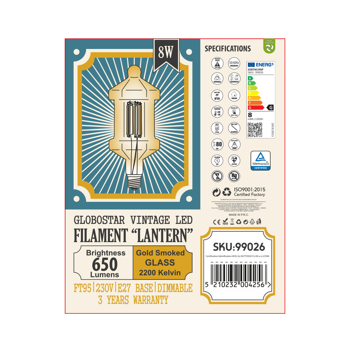 GloboStar® 99026 Λάμπα LED Long Filament E27 FT95 LANTERN Γλόμπος 8W 650lm 360° AC 220-240V IP20 Φ9.5 x Υ21.5cm Ultra Θερμό Λευκό 2200K με Μελί Γυαλί - Dimmable - 3 Years Warranty - ledmania.gr