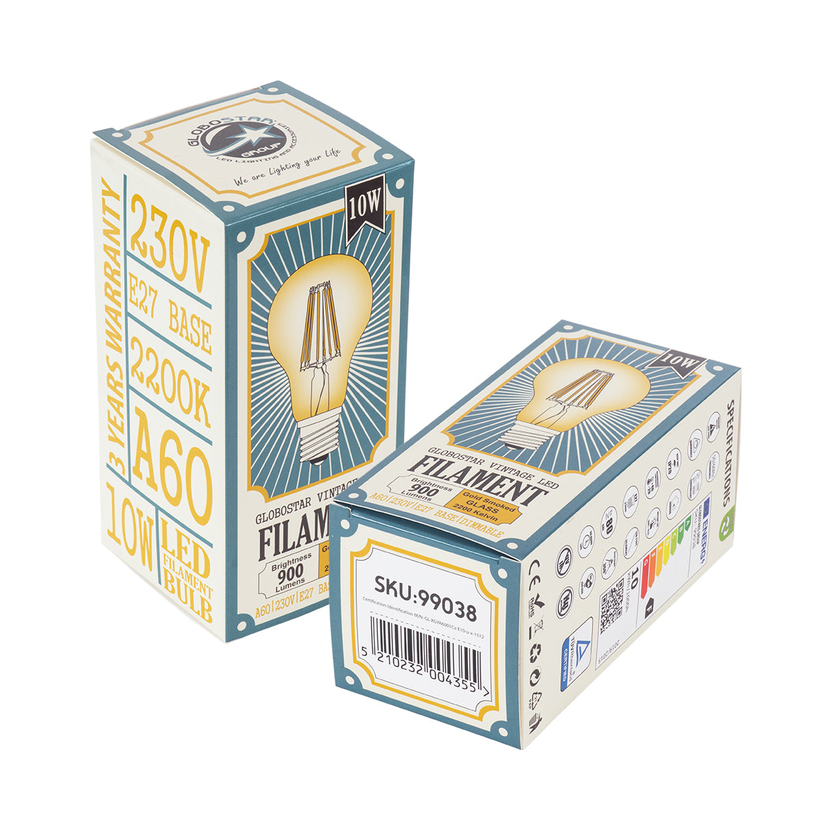 GloboStar® 99038 LED Long Filament Bulb E27 A60 Globe 10W 900lm 360° AC 220-240V IP20 D6 x H10.5cm Ultra Θερμό Λευκό 2200K με Μελί Γυαλί - Dimmable - 3 Years Warranty - ledmania.gr