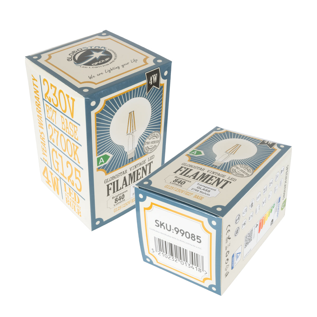 GloboStar® 99085 Λάμπα LED Long Filament E27 G125 Γλόμπος 4W 840lm 360° AC 220-240V IP20 Φ12.5 x Υ13.8cm Θερμό Λευκό 2700K με Διάφανο Γυαλί - Pro Series 210lm/W - A Ενεργειακή Κλάση - 3 Χρόνια Εγγύηση - ledmania.gr