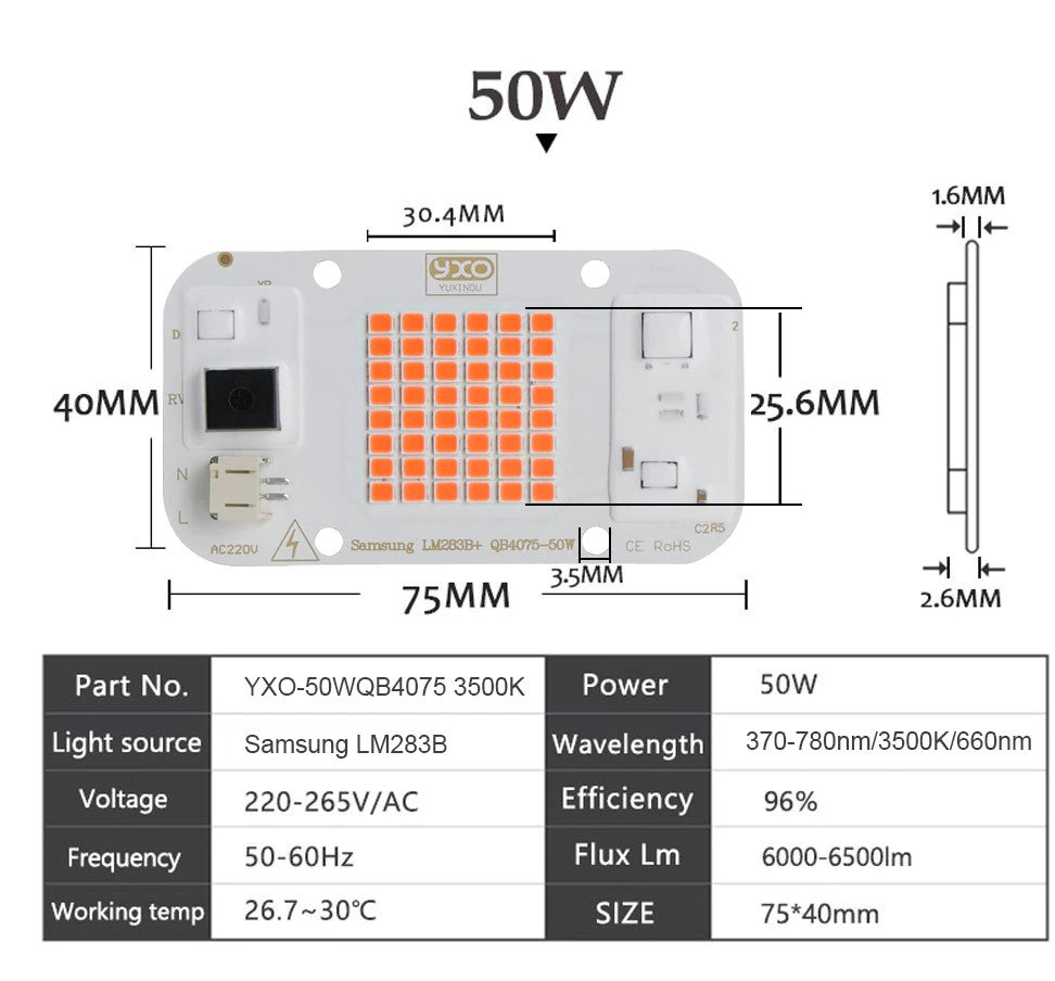 AC 220V 50w Dimmable Samsung Lm283B+370-780nm LED Ανάπτυξης Φυτων Full Spectrum-τεμ.1 - ledmania.gr