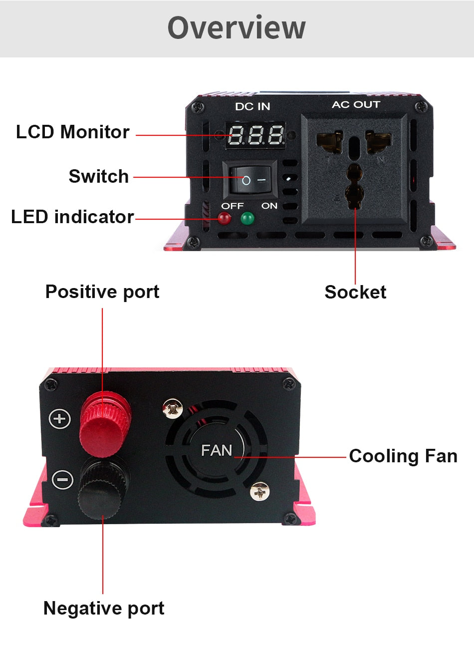 1000W Inverter μετατροπέας καθαρού ημιτονοειδούς κύματος 12V σε εναλλασσόμενο ρεύμα 230V μετασχηματιστής τάσης Μετατροπέας ισχύος-τεμ1 - ledmania.gr