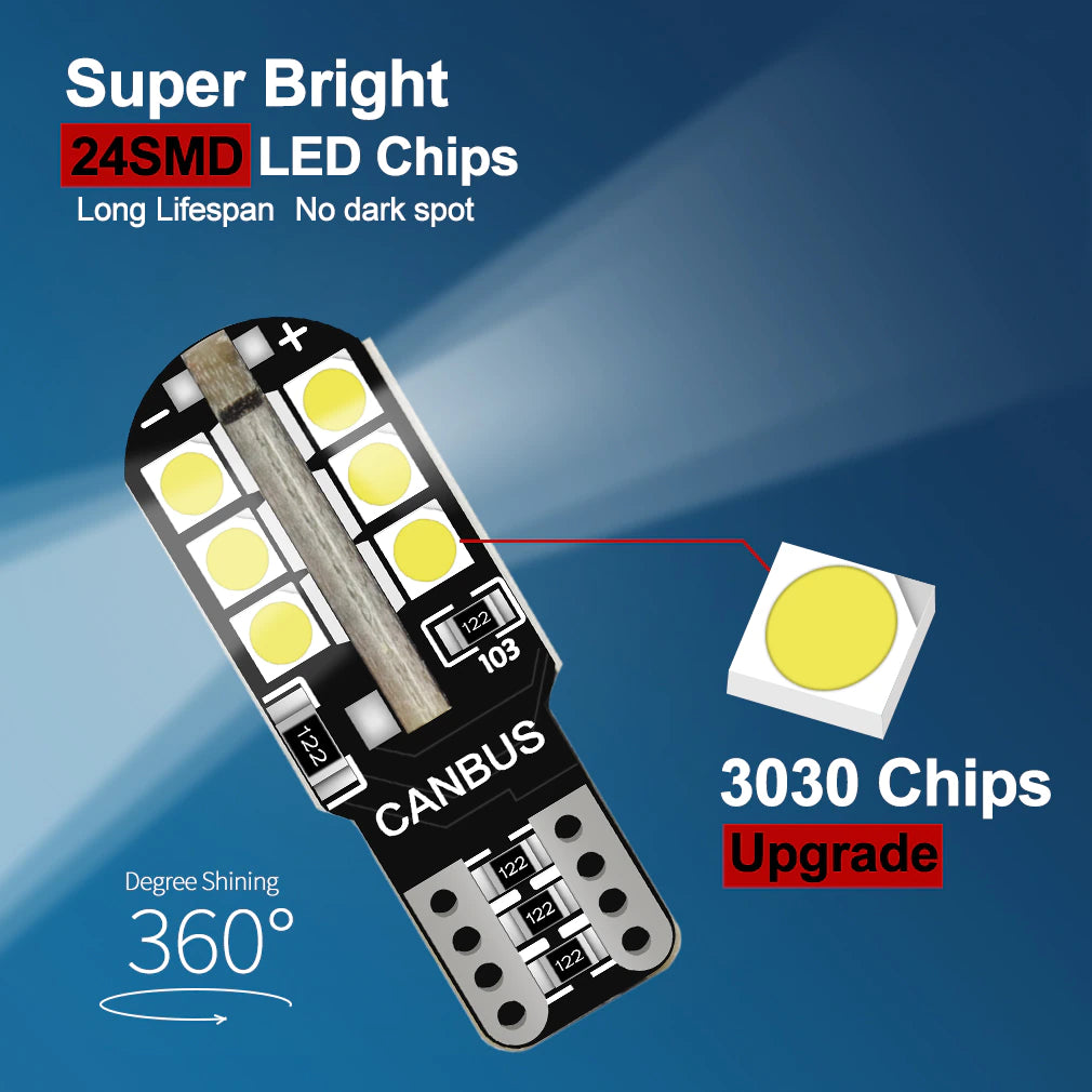 W5W-T10 Canbus Led Λαμπα Αυτοκινήτου- 24SMD 3030-5 watt-600lumens-12Volt Πολύ Φωτεινά 6000k - ledmania.gr