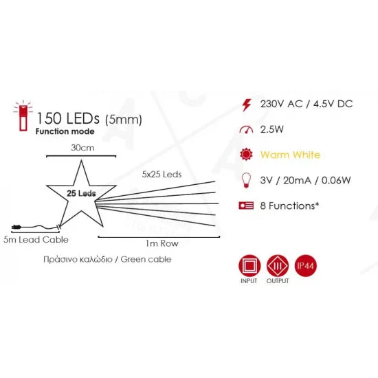 150LED ΑΣΤΕΡΙ ΜΕ ΟΥΡΑ ΜΕ 8 ΠΡΟΓΡΑΜΜΑΤΑ ΠΡΑΣΙΝΟ ΚΑΛΩΔΙΟ ΨΥΧΡΟ - ledmania.gr