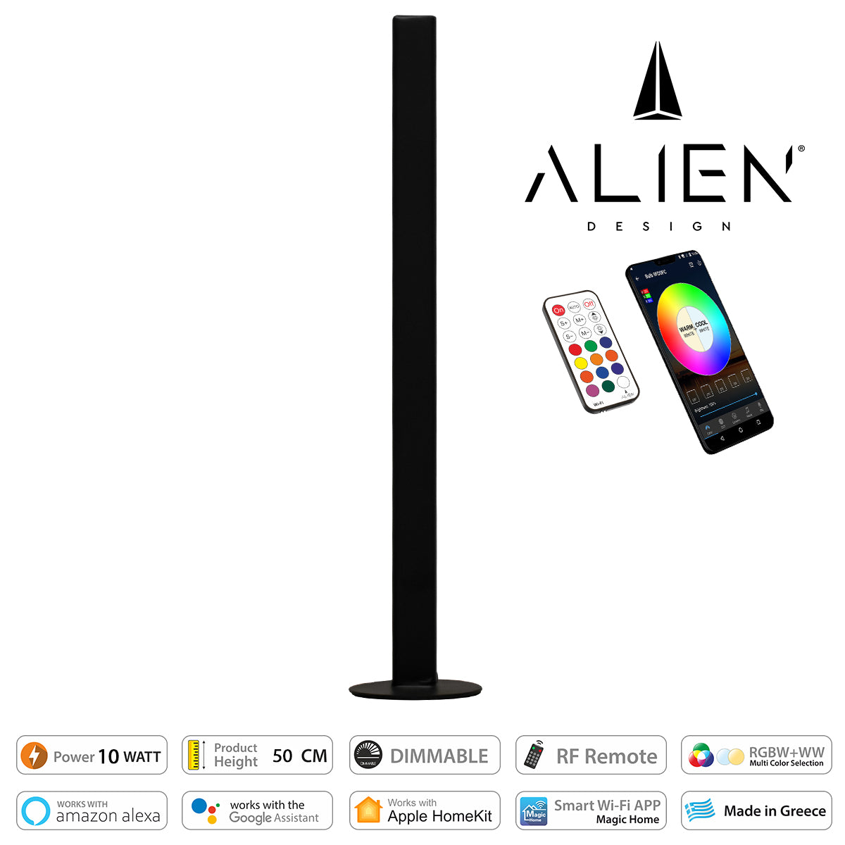 GloboStar® ALIEN-DIVA-BLACK-50-12 ALIEN Design DIVA Μοντέρνο Minimal Nordic Μεταλλικό Φωτιστικό Επιτραπέζιο - Πορτατίφ - Λαμπατέρ Μαύρο LED 10W 1500lm με Ασύρματο Χειριστήριο RF & Dimmer IP20 Πολύχρωμο RGBW + WW Smart Home Wi-Fi Μ3 x Π1.6 x Υ50cm - ledmania.gr