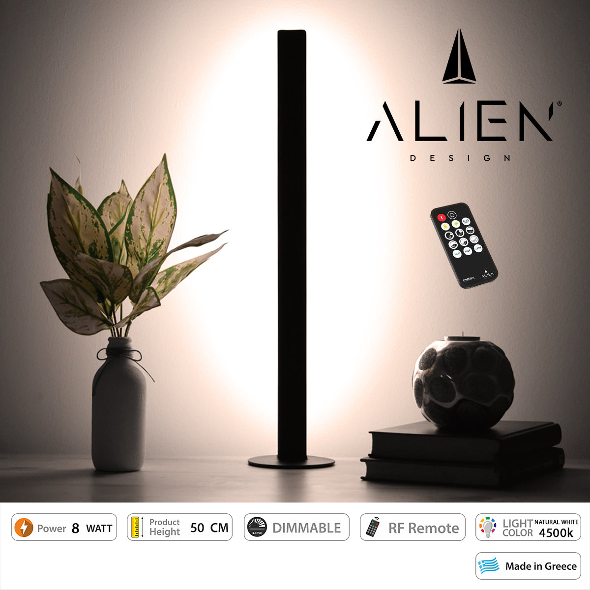 GloboStar® ALIEN-DIVA-BLACK-50-2 ALIEN Design DIVA Μοντέρνο Minimal Nordic Μεταλλικό Φωτιστικό Επιτραπέζιο - Πορτατίφ - Λαμπατέρ Μαύρο LED 8W 1040lm με Ασύρματο Χειριστήριο RF & Dimmer IP20 Φυσικό Λευκό 4500K Μ3 x Π1.6 x Υ50cm - ledmania.gr