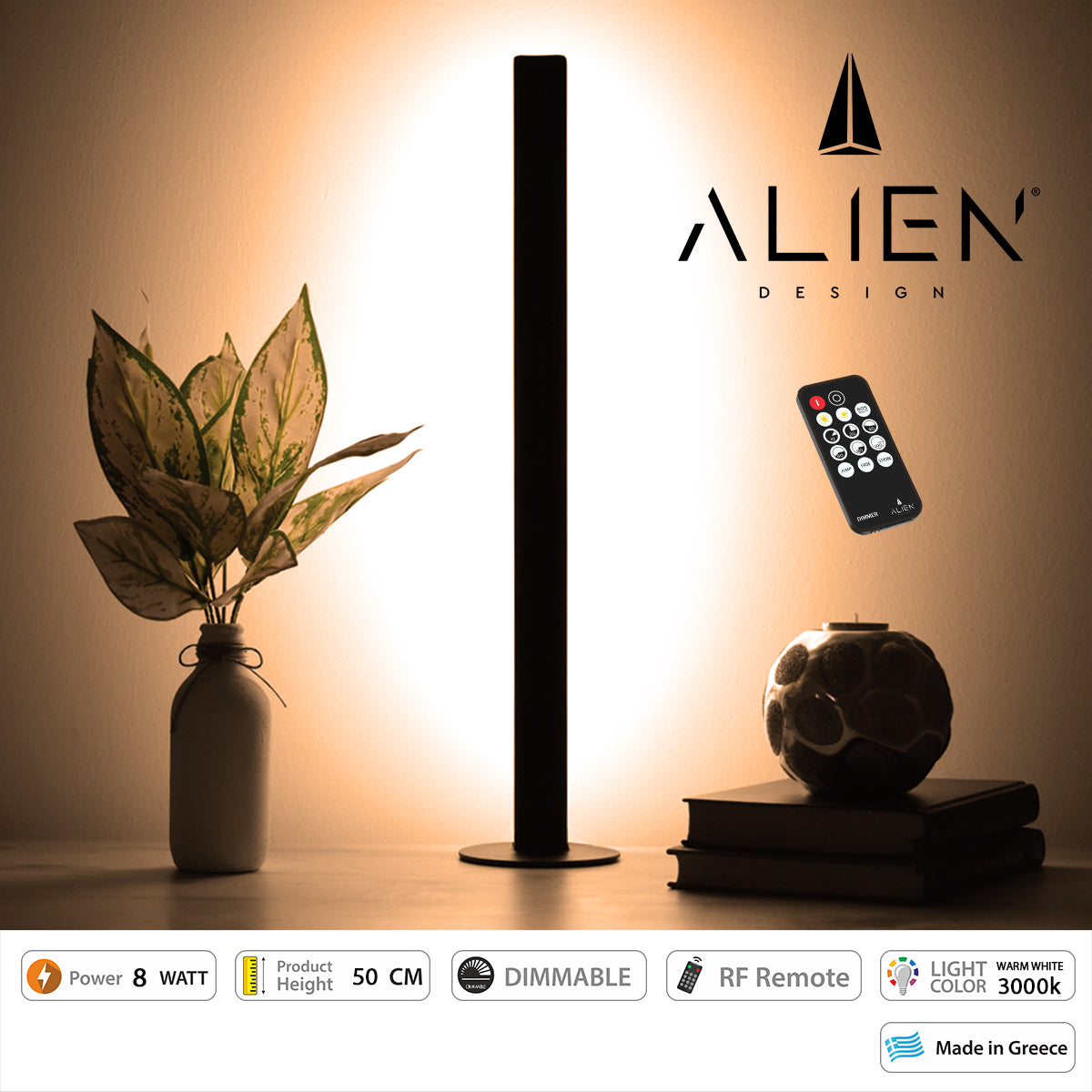 GloboStar® ALIEN-DIVA-BLACK-50-3 ALIEN Design DIVA Μοντέρνο Minimal Nordic Μεταλλικό Φωτιστικό Επιτραπέζιο - Πορτατίφ - Λαμπατέρ Μαύρο LED 8W 960lm με Ασύρματο Χειριστήριο RF & Dimmer IP20 Θερμό Λευκό 3000K Μ3 x Π1.6 x Υ50cm - ledmania.gr