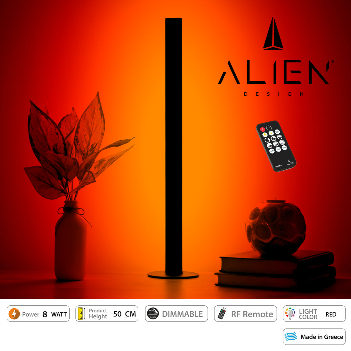 GloboStar® ALIEN-DIVA-BLACK-50-4 ALIEN Design DIVA Μοντέρνο Minimal Nordic Μεταλλικό Φωτιστικό Επιτραπέζιο - Πορτατίφ - Λαμπατέρ Μαύρο LED 8W 800lm με Ασύρματο Χειριστήριο RF & Dimmer IP20 Κόκκινο Μ3 x Π1.6 x Υ50cm - ledmania.gr