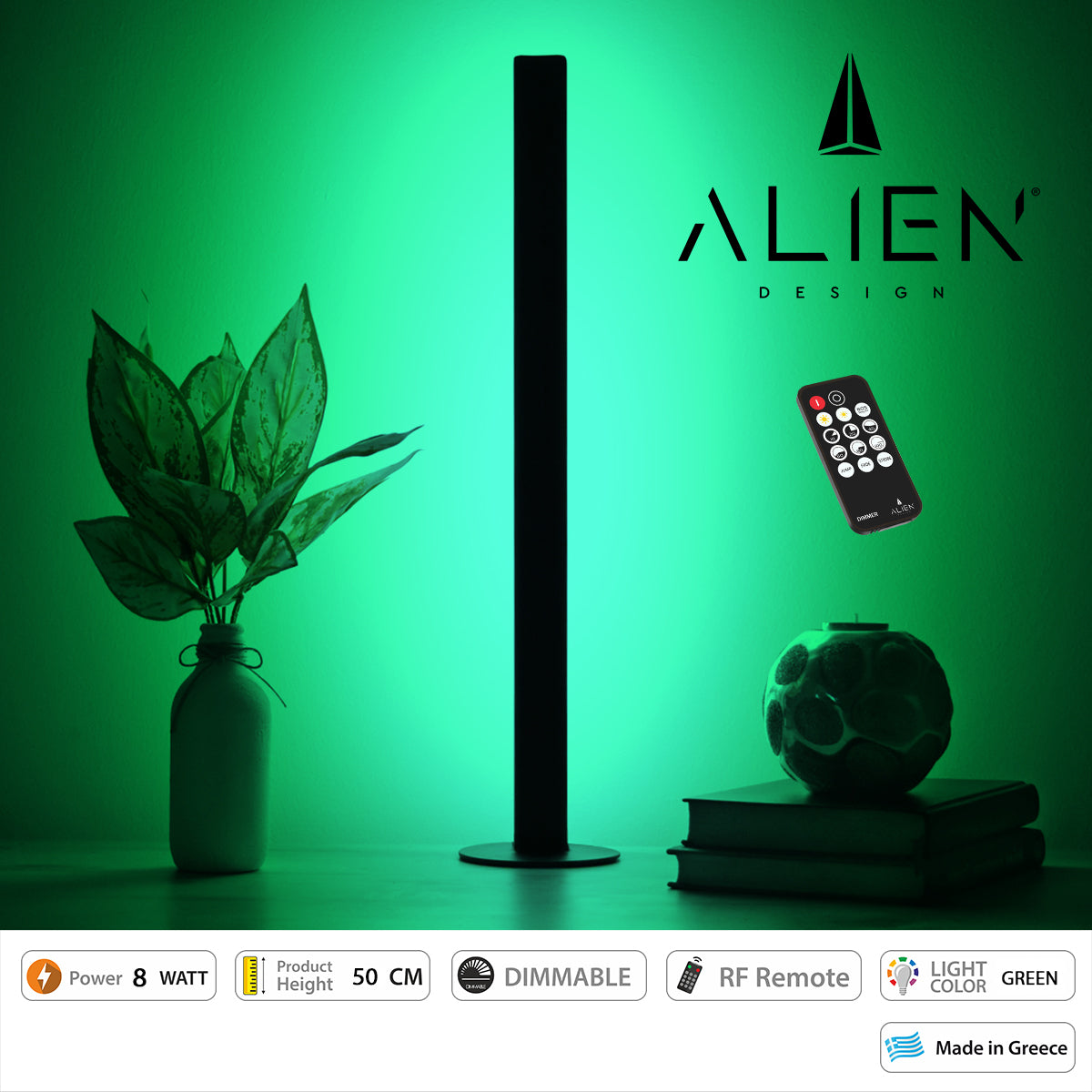GloboStar® ALIEN-DIVA-BLACK-50-5 ALIEN Design DIVA Μοντέρνο Minimal Nordic Μεταλλικό Φωτιστικό Επιτραπέζιο - Πορτατίφ - Λαμπατέρ Μαύρο LED 8W 800lm με Ασύρματο Χειριστήριο RF & Dimmer IP20 Πράσινο Μ3 x Π1.6 x Υ50cm - ledmania.gr