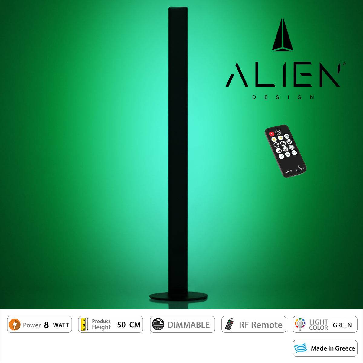 GloboStar® ALIEN-DIVA-BLACK-50-5 ALIEN Design DIVA Μοντέρνο Minimal Nordic Μεταλλικό Φωτιστικό Επιτραπέζιο - Πορτατίφ - Λαμπατέρ Μαύρο LED 8W 800lm με Ασύρματο Χειριστήριο RF & Dimmer IP20 Πράσινο Μ3 x Π1.6 x Υ50cm - ledmania.gr