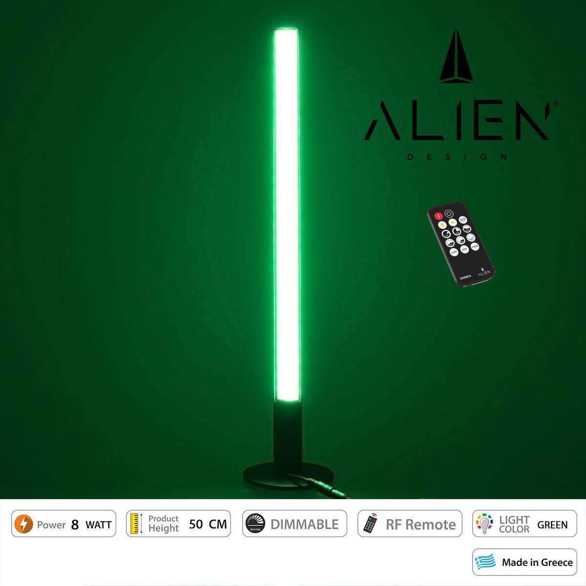 GloboStar® ALIEN-DIVA-BLACK-50-5 ALIEN Design DIVA Μοντέρνο Minimal Nordic Μεταλλικό Φωτιστικό Επιτραπέζιο - Πορτατίφ - Λαμπατέρ Μαύρο LED 8W 800lm με Ασύρματο Χειριστήριο RF & Dimmer IP20 Πράσινο Μ3 x Π1.6 x Υ50cm - ledmania.gr