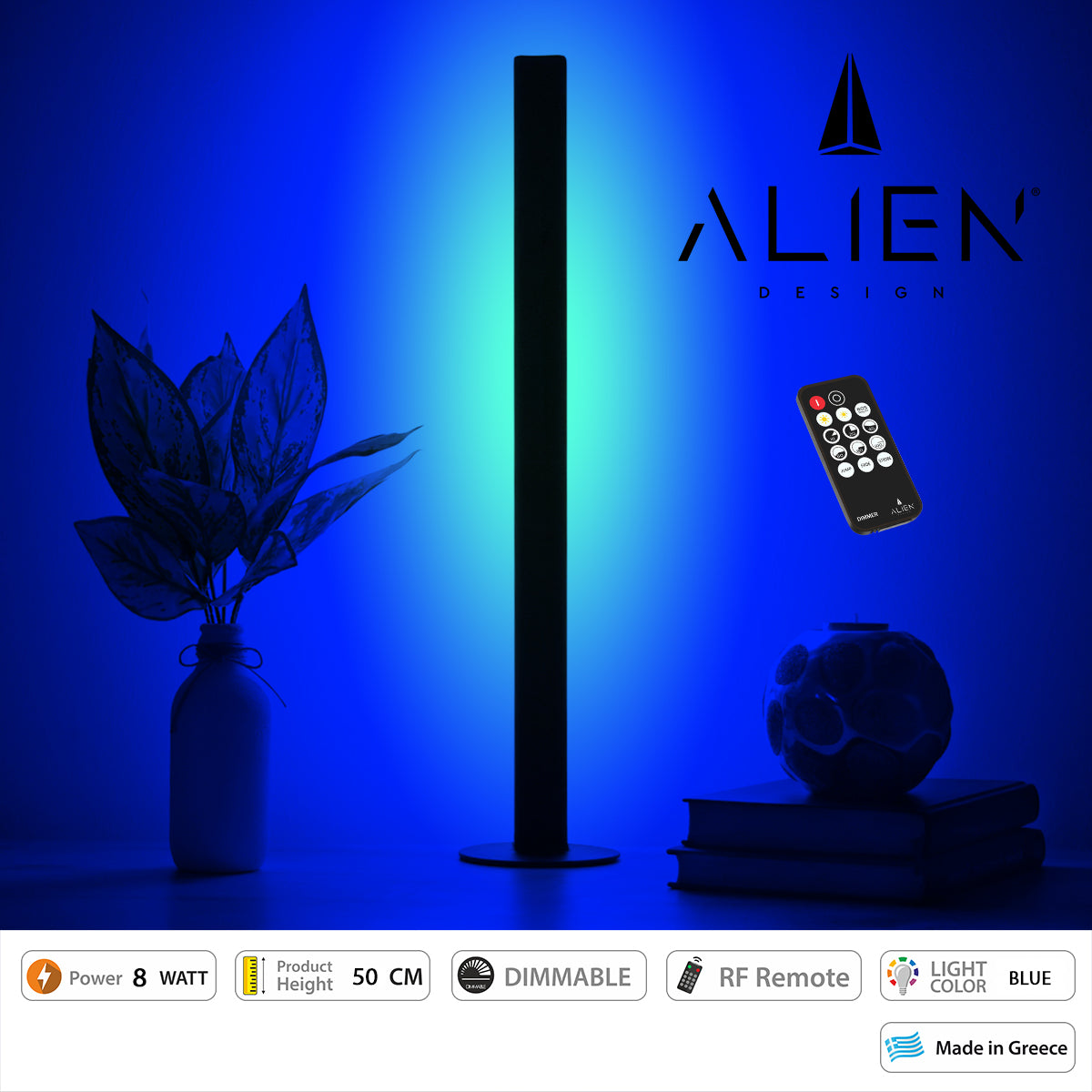 GloboStar® ALIEN-DIVA-BLACK-50-6 ALIEN Design DIVA Μοντέρνο Minimal Nordic Μεταλλικό Φωτιστικό Επιτραπέζιο - Πορτατίφ - Λαμπατέρ Μαύρο LED 8W 800lm με Ασύρματο Χειριστήριο RF & Dimmer IP20 Μπλε Μ3 x Π1.6 x Υ50cm - ledmania.gr