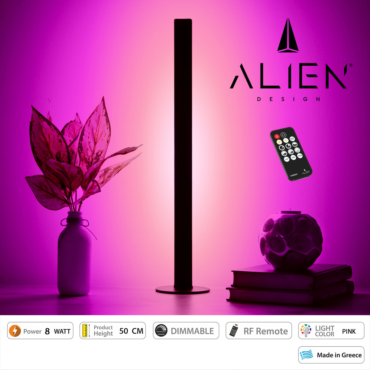 GloboStar® ALIEN-DIVA-BLACK-50-7 ALIEN Design DIVA Μοντέρνο Minimal Nordic Μεταλλικό Φωτιστικό Επιτραπέζιο - Πορτατίφ - Λαμπατέρ Μαύρο LED 8W 800 lm με Ασύρματο Χειριστήριο RF & Dimmer IP20 Ροζ Μ3 x Π1.6 x Υ50cm - ledmania.gr