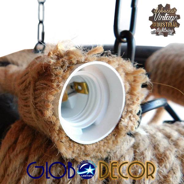 GloboStar® RUNNER 01115 Vintage Industrial Κρεμαστό Φωτιστικό Οροφής Πολύφωτο Μαύρο με Μπεζ Σχοινί Φ45 x Y60cm - ledmania.gr
