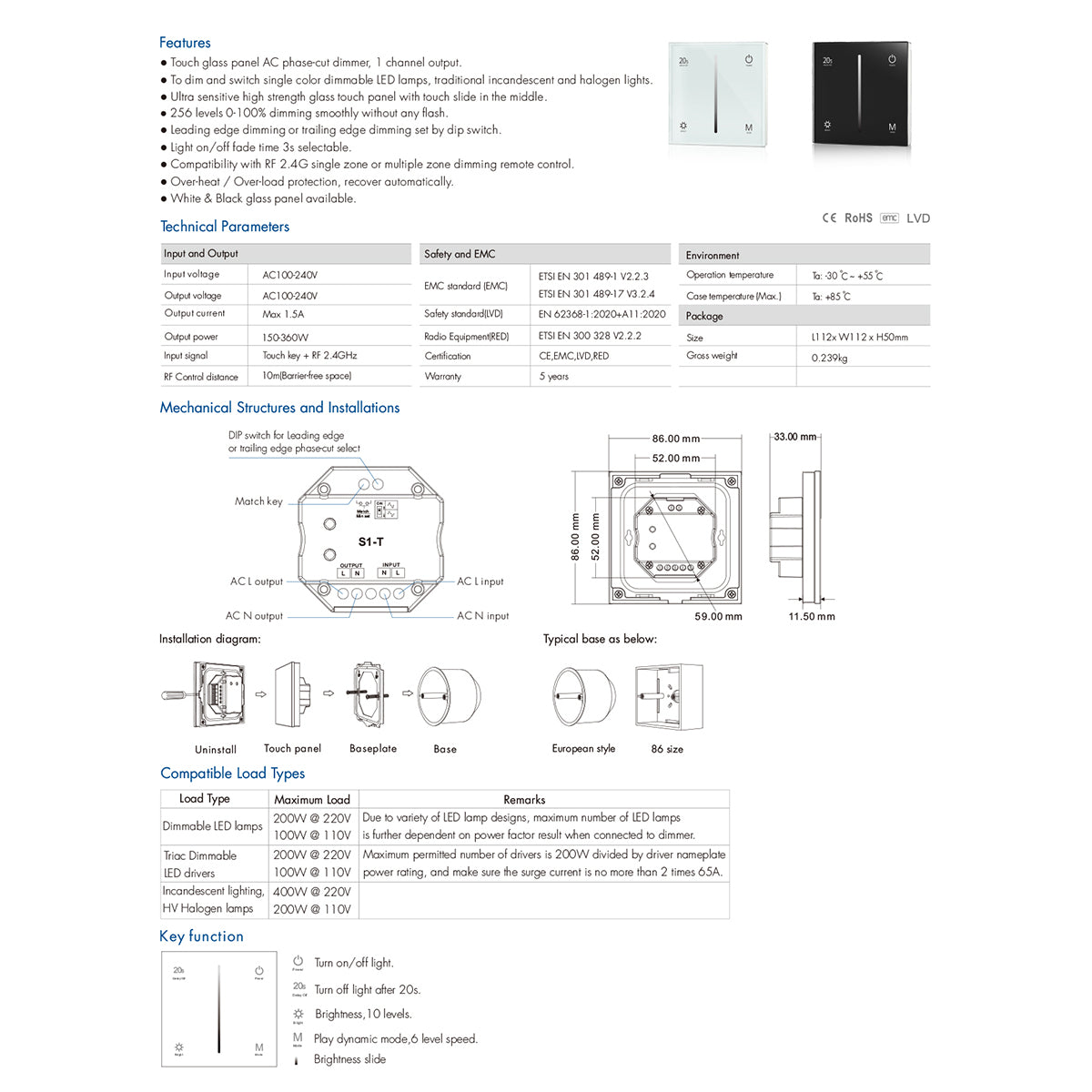 GloboStar® 71453 S1-T SKYDANCE AC Smart RF 2.4Ghz & Αφής - Touch Triac Dimming AC100-240V σε AC100-240V 1 x 1.5A 360W - Max 1.5A 360W - IP20 - Μαύρο Σώμα - Μ8.5 x Π8.5 x Υ3.2cm - 5 Years Warranty - ledmania.gr