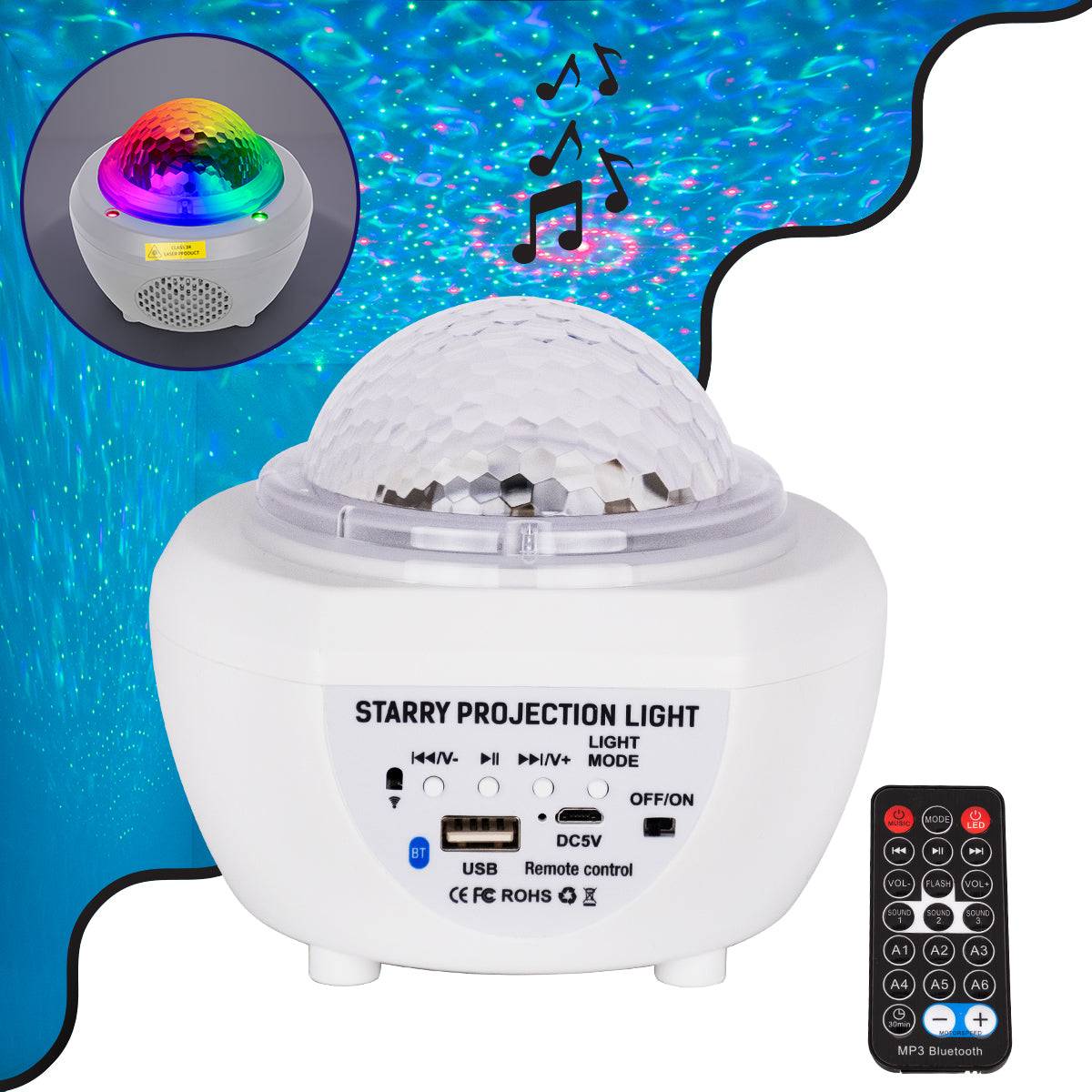 GloboStar® 79604 Λευκό Επιτραπέζιο Διακοσμητικό Φωτιστικό Ειδικών Εφε NIGHT SKY GALAXY 3D LED 10W DC 5V 2200mAh Επαναφορτιζόμενο με Bluetooth Speaker - Sound Activated - Καλώδιο Τροφοδοσίας USB και Ασύρματο Χειριστήριο RF 2.4Ghz Πολύχρωμo RGB Dimmable - ledmania.gr