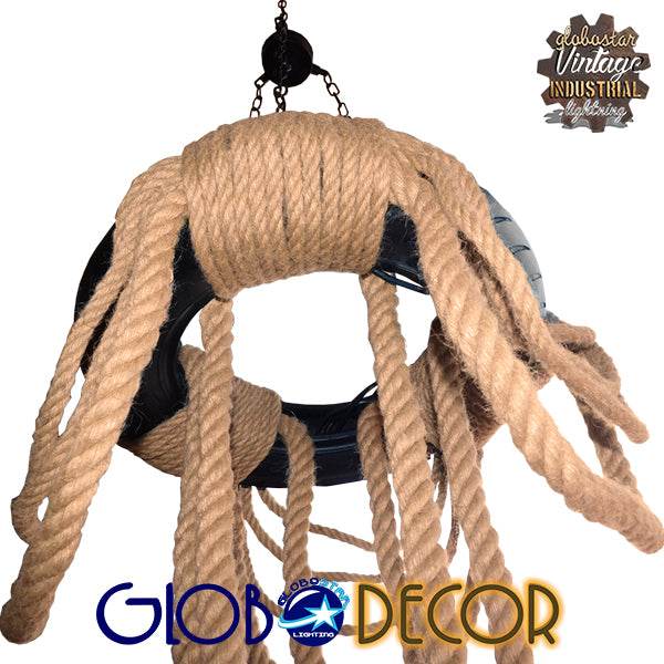 GloboStar® RUNNER 01115 Vintage Industrial Κρεμαστό Φωτιστικό Οροφής Πολύφωτο Μαύρο με Μπεζ Σχοινί Φ45 x Y60cm - ledmania.gr