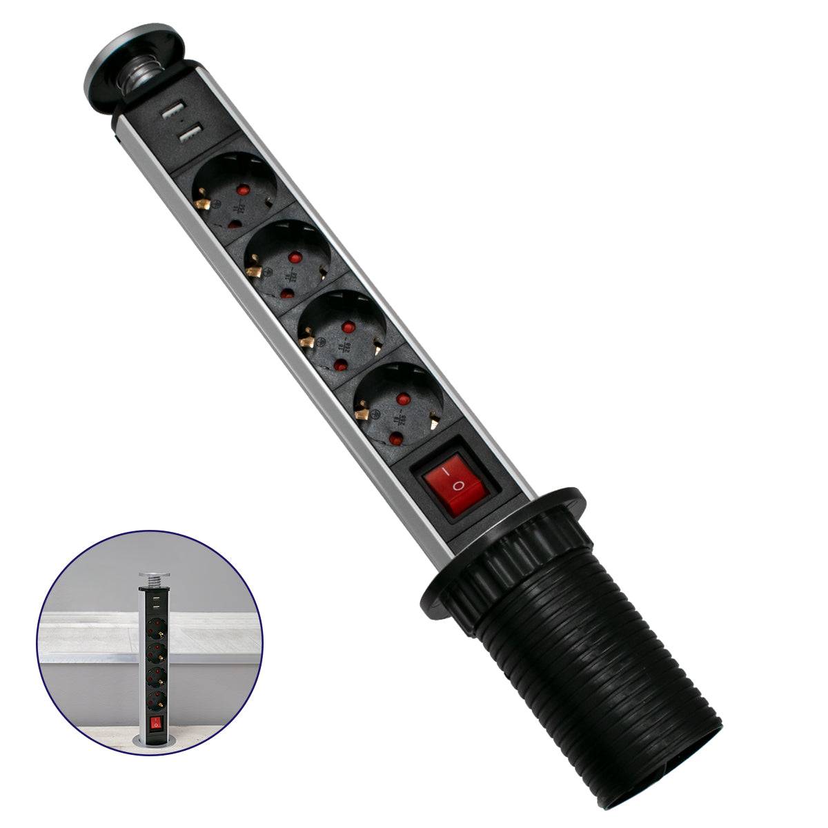 GloboStar® 79631 Χωνευτό Πτυσσόμενο Πολύμπριζο με 4 Πρίζες Ασφαλείας EU Σούκο AC 230V Max 4000W & 2 Εξόδους USB DC 5V Max 3A 18W & Ενσωματωμένο Διακόπτη Οn/Off - ledmania.gr