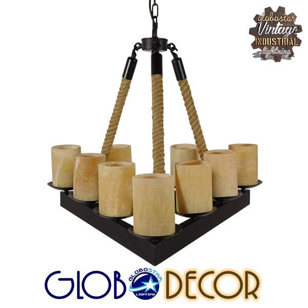 GloboStar® DOME 10001021 Vintage Κρεμαστό Φωτιστικό Οροφής Πολύφωτο Μαύρο Μεταλλικό με Όνυχα Πολυέλαιος με Μπεζ Σχοινί Μ68 x Π60 x Υ50cm - ledmania.gr