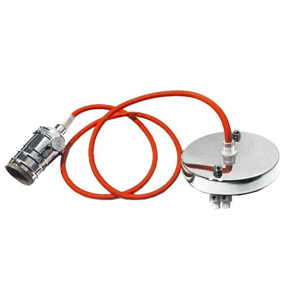 GloboStar® 115101 Κρεμαστό Φωτιστικό Οροφής Ανάρτηση με Νίκελ Μεταλλική Βάση - Υφασμάτινο Πορτοκαλί Καλώδιο και Νίκελ Μεταλλικό Ντουί Ε27 - ledmania.gr