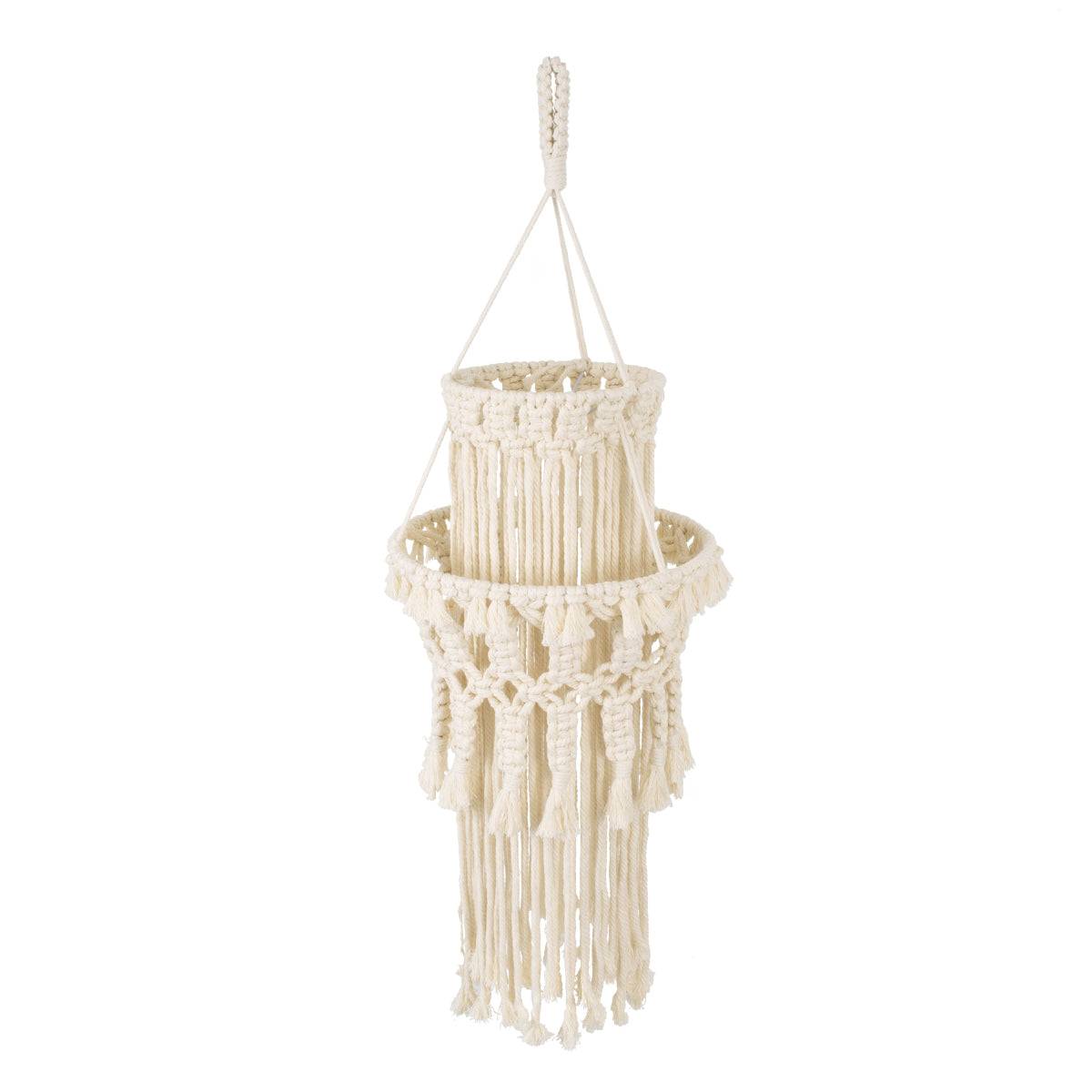 GloboStar® 36200 ETHIOPIA Καπέλο Φωτιστικού Boho - Μακραμέ Πλεκτό Χειροποίητο Μπεζ Υφασμάτινο με Σχοινί Φ30 x Υ90cm - ledmania.gr