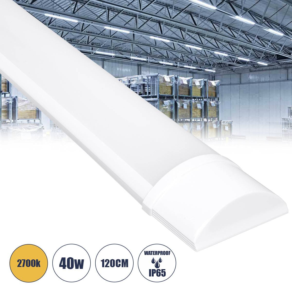GloboStar® 60160 LED Γραμμικό Βιομηχανικό Φωτιστικό Tri-Proof 120cm 40W 3648lm 120° AC 220-240V Αδιάβροχο IP65 Μ120 x Π7.5 x Υ2.5cm Θερμό Λευκό 2700K - ledmania.gr