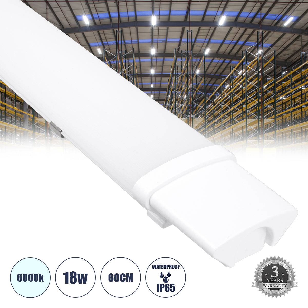 GloboStar® 60161 LED Γραμμικό Βιομηχανικό Φωτιστικό Tri-Proof 60cm 18W 2006lm 120° AC 220-240V Αδιάβροχο IP65 Μ60 x Π6 x Υ4cm Ψυχρό Λευκό 6000K - 3 Years Warranty - ledmania.gr