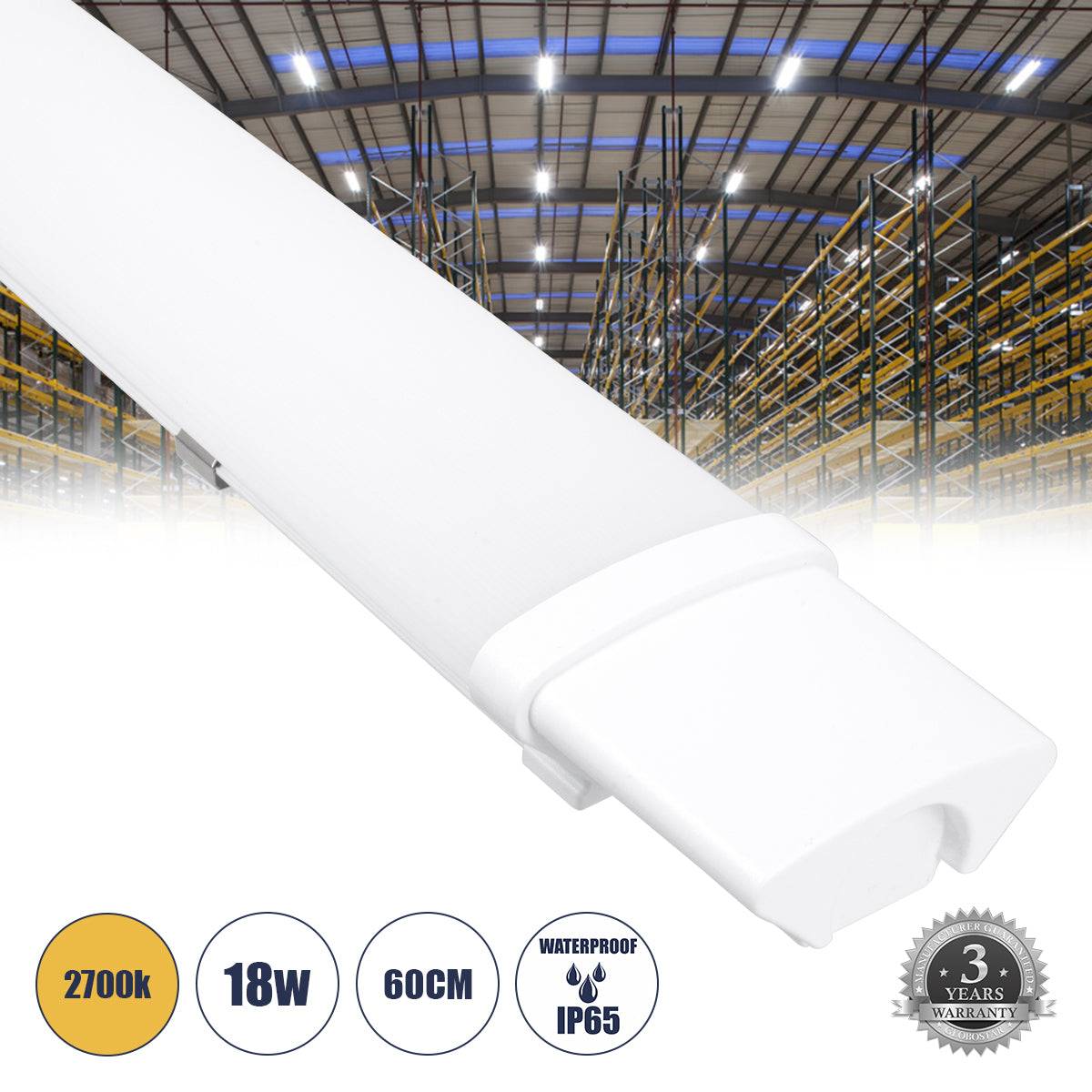 GloboStar® 60163 LED Γραμμικό Βιομηχανικό Φωτιστικό Tri-Proof 60cm 18W 1936lm 120° AC 220-240V Αδιάβροχο IP65 Μ60 x Π6 x Υ4cm Θερμό Λευκό 2700K - 3 Years Warranty - ledmania.gr