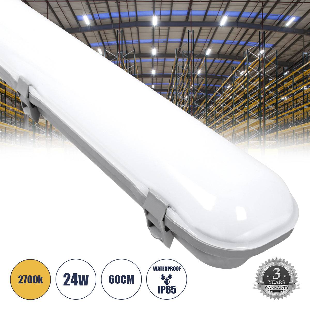 GloboStar® 60172 LED Γραμμικό Βιομηχανικό Φωτιστικό Tri-Proof 60cm 24W 2690lm 120° AC 220-240V Αδιάβροχο IP65 Μ60 x Π10.5 x Υ8cm Θερμό Λευκό 2700K - 3 Years Warranty - ledmania.gr
