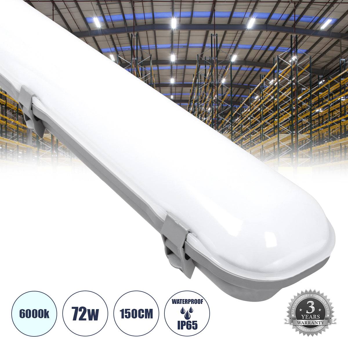 GloboStar® 60176 LED Γραμμικό Βιομηχανικό Φωτιστικό Tri-Proof 150cm 72W 8449lm 120° AC 220-240V Αδιάβροχο IP65 Μ150 x Π6 x Υ4cm Ψυχρό Λευκό 6000K - 3 Years Warranty - ledmania.gr