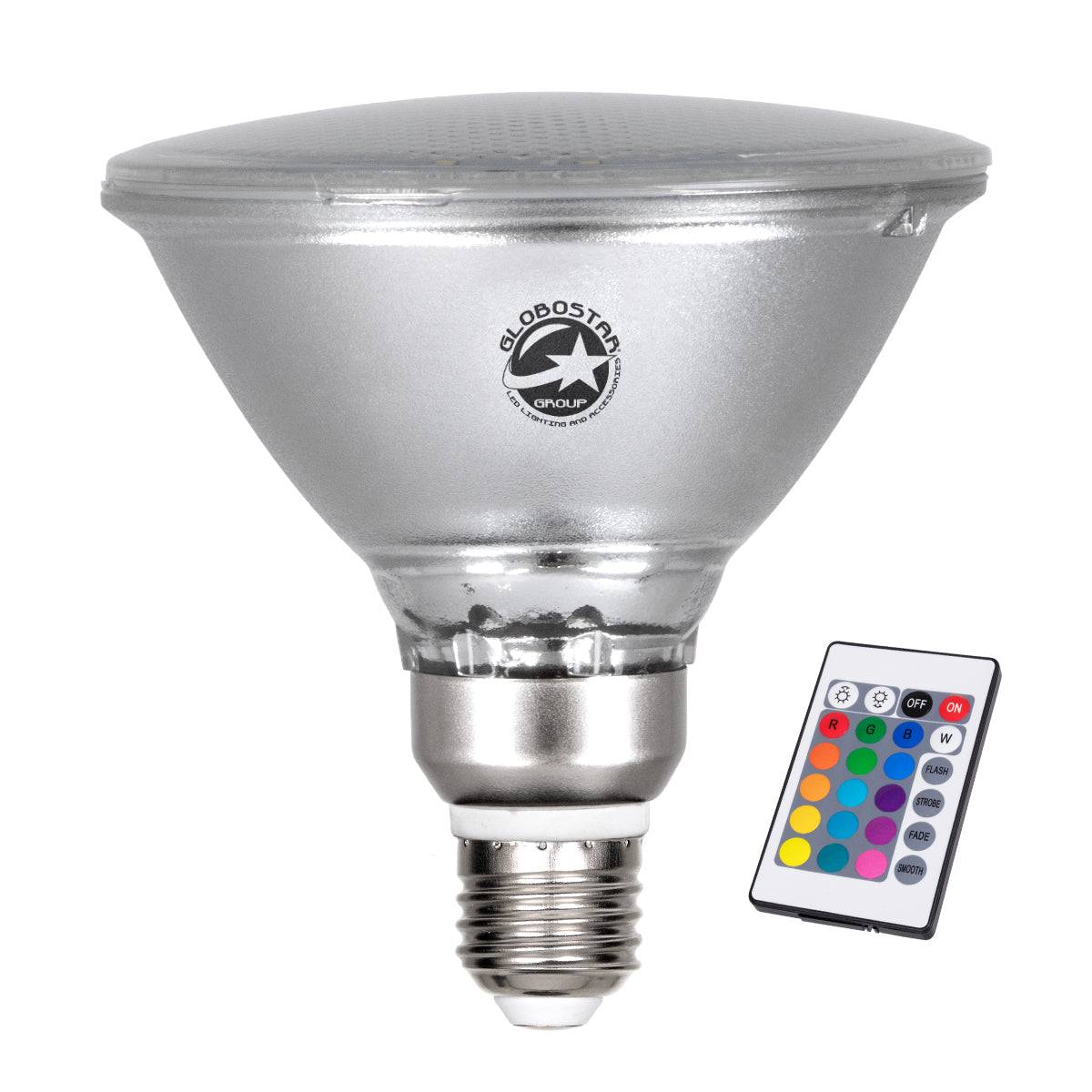 GloboStar® 60233 Λάμπα LED E27 PAR38 Κήπου Σκληρού Υάλου 18W 1200lm 60° AC 220-240V IP65 Φ12 x Υ13cm - Εναλλαγή Φωτισμού μέσω Τηλεχειριστηρίου - Πολύχρωμο RGB - 3 Years Warranty - ledmania.gr
