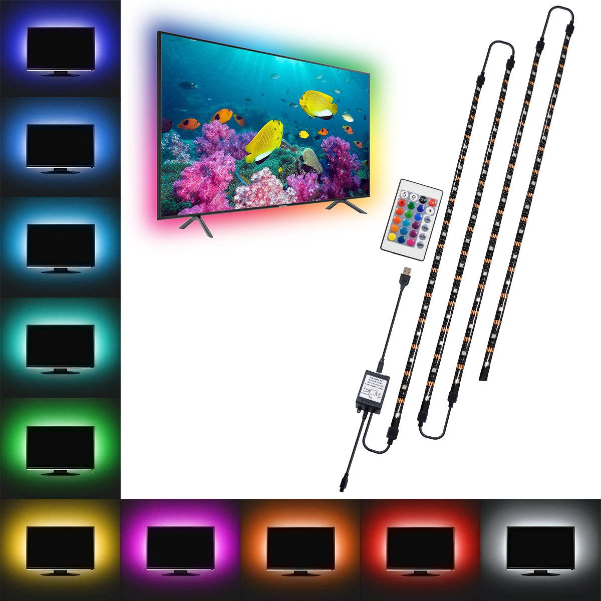 GloboStar® 70406 Σετ Ταινία TV Kit LED RGB SMD 5050 2m (4x50CM) 14.4W/2m 60LED/2m 1454lm/2m 120° USB DC 5V Οπίσθιου Κρυφού Φωτισμού για Τηλεόραση με Ασύρματο Τηλεχειριστήριο Αδιάβροχο IP65 RGB - ledmania.gr