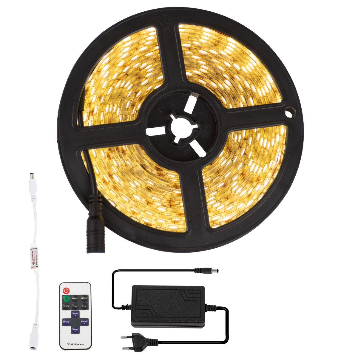 GloboStar® 70412 Σετ Ταινία LED 5m 72W/5m 12V 60LED/m 5050 SMD 1497lm/m 120° Αδιάβροχη IP65 με Ασύρματο Χειριστήριο RF 2.4Ghz και Τροφοδοτικό Θερμό Λευκό 3000K Dimmable - ledmania.gr