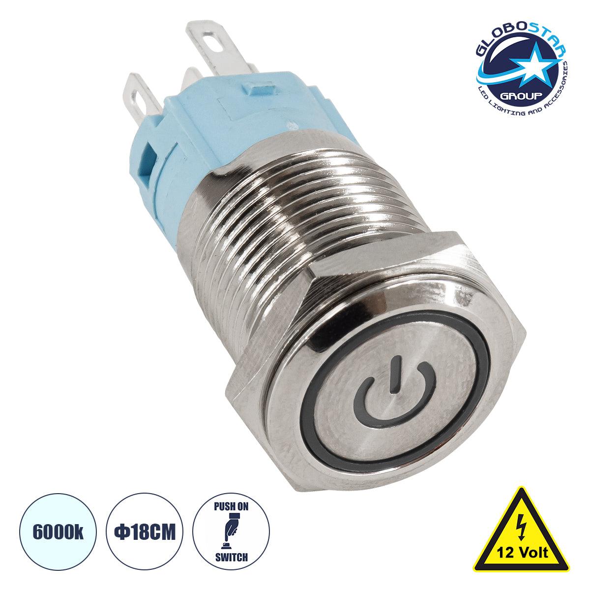 GloboStar® 70785 LED Φωτιζόμενος Διακόπτης Χωνευτός - Μπουτόν PUSH On Ανοξείδωτος DC 12V με Angel Eye Αδιάβροχο Φ18mm IP67 Ψυχρό Λευκό 6000K - ledmania.gr