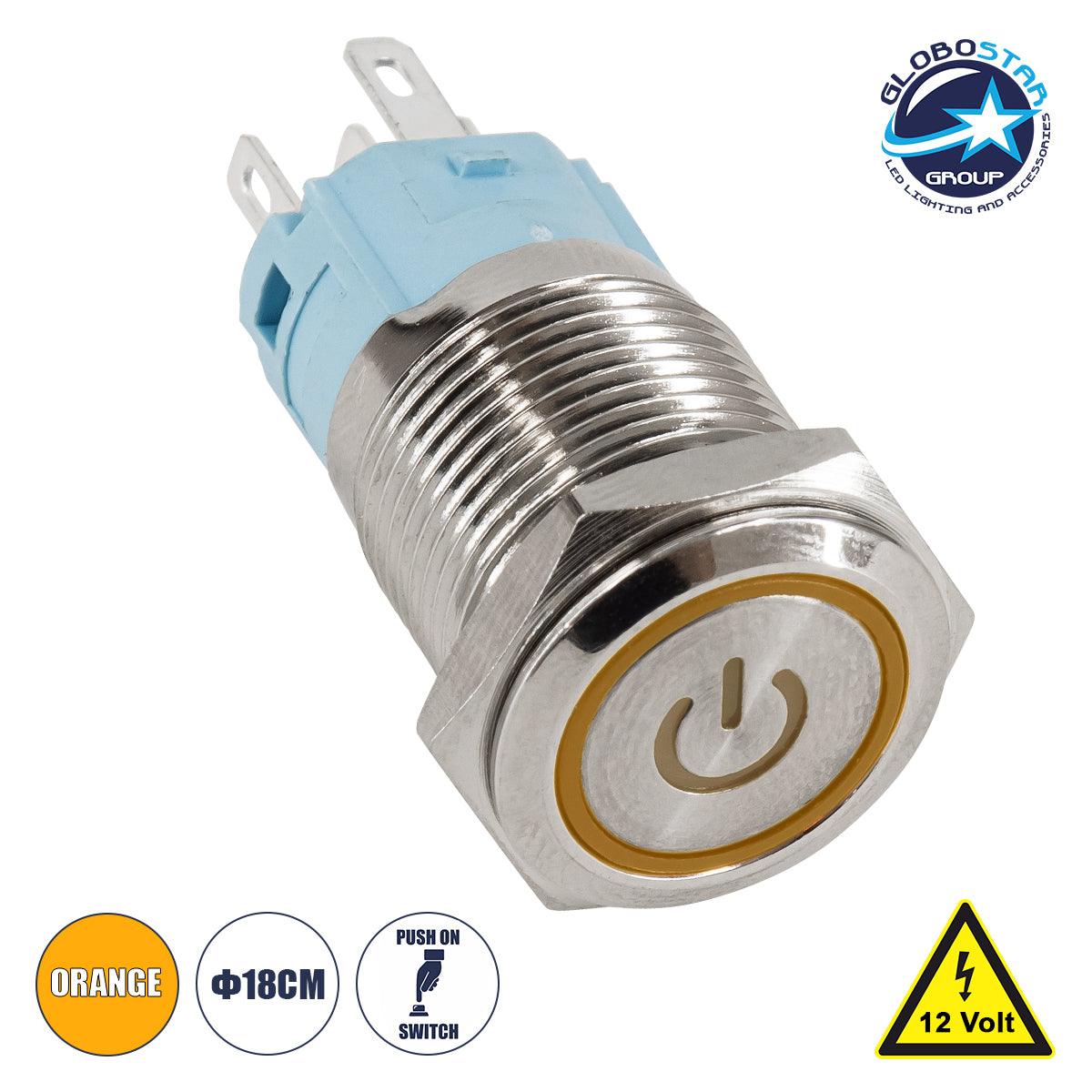 GloboStar® 70789 LED Φωτιζόμενος Διακόπτης Χωνευτός - Μπουτόν PUSH On Ανοξείδωτος DC 12V με Angel Eye Αδιάβροχο Φ18mm IP67 Πορτοκαλί - ledmania.gr