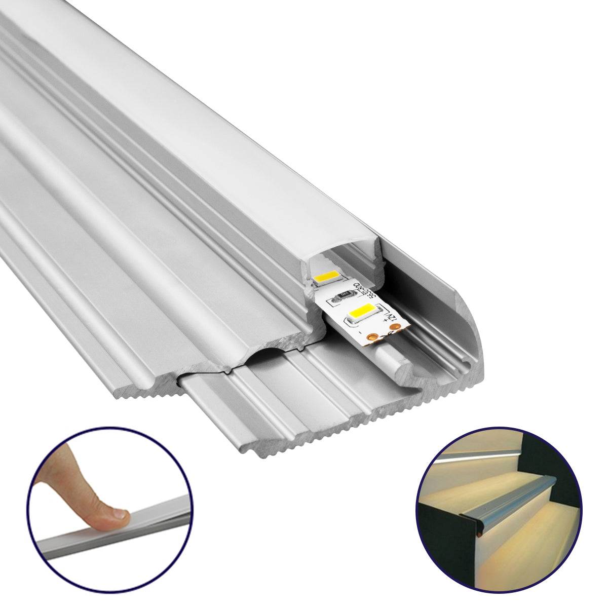 GloboStar® 70823-3M Προφίλ Αλουμινίου για Σκαλοπάτια Ανοδιωμένο με Λευκό Οπάλ Κάλυμμα για 1 Σειρά Ταινίας LED Πατητό - Press On Πακέτο 5 Τεμάχια των 3 Μέτρων - ledmania.gr