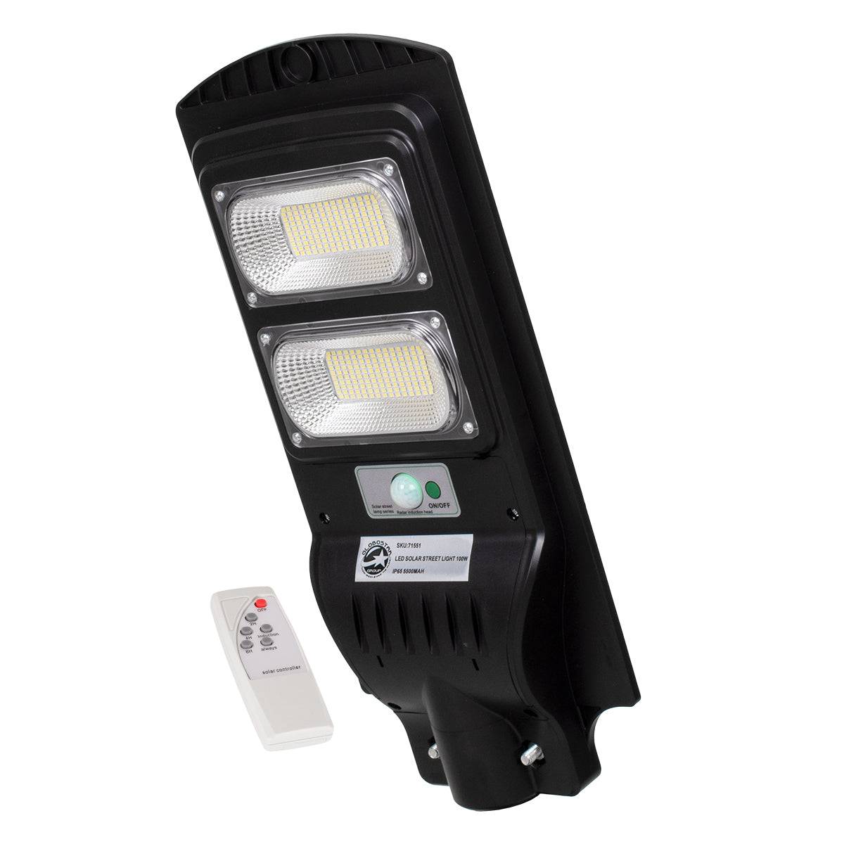 GloboStar® 71551 Αυτόνομο Ηλιακό Φωτιστικό Δρόμου Street Light LED SMD 100W 8000lm με Ενσωματωμένη Μπαταρία Li-ion 5500mAh - Φωτοβολταϊκό Πάνελ με Αισθητήρα Ημέρας-Νύχτας PIR Αισθητήρα Κίνησης και Ασύρματο Χειριστήριο Αδιάβροχο IP65 Ψυχρό Λευκό 6000K - ledmania.gr