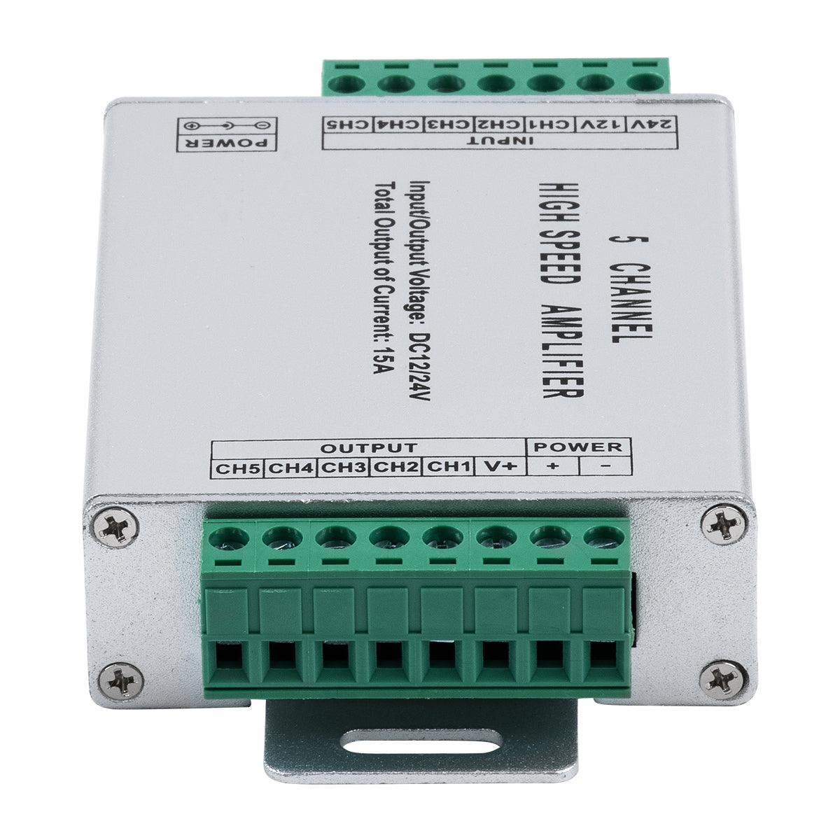 GloboStar® 73395 High Speed LED Amplifier 5 Channels - Ενισχυτής Σήματος Υψηλών Ταχυτήτων LED 5 Καναλιών DC 12-24V RGBW+WW Max 360W Μ10.5 x Π6.3 x Υ2.3cm - ledmania.gr