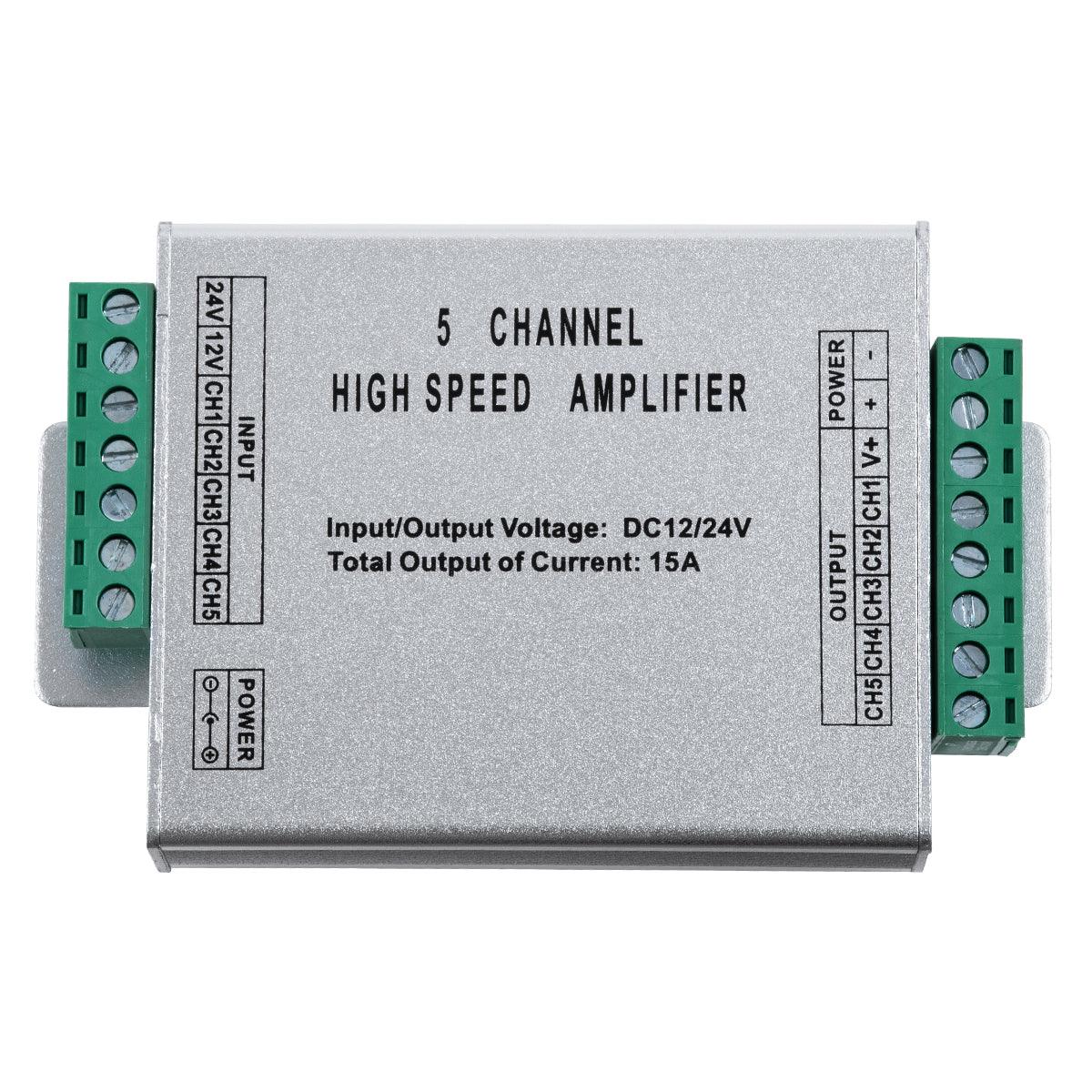 GloboStar® 73395 High Speed LED Amplifier 5 Channels - Ενισχυτής Σήματος Υψηλών Ταχυτήτων LED 5 Καναλιών DC 12-24V RGBW+WW Max 360W Μ10.5 x Π6.3 x Υ2.3cm - ledmania.gr