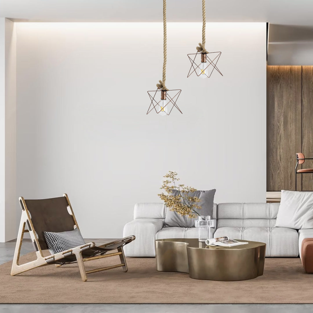 GloboStar® KAZEMI 02019 Μοντέρνο Κρεμαστό Φωτιστικό Οροφής Μονόφωτο 1 x E27 AC220-240V IP20 - Μ18 x Π18 x Υ17cm - Χάλκινο Μεταλλικό με Μπεζ Σχοινί Πλέγμα - 5 Χρόνια Εγγύηση - ledmania.gr