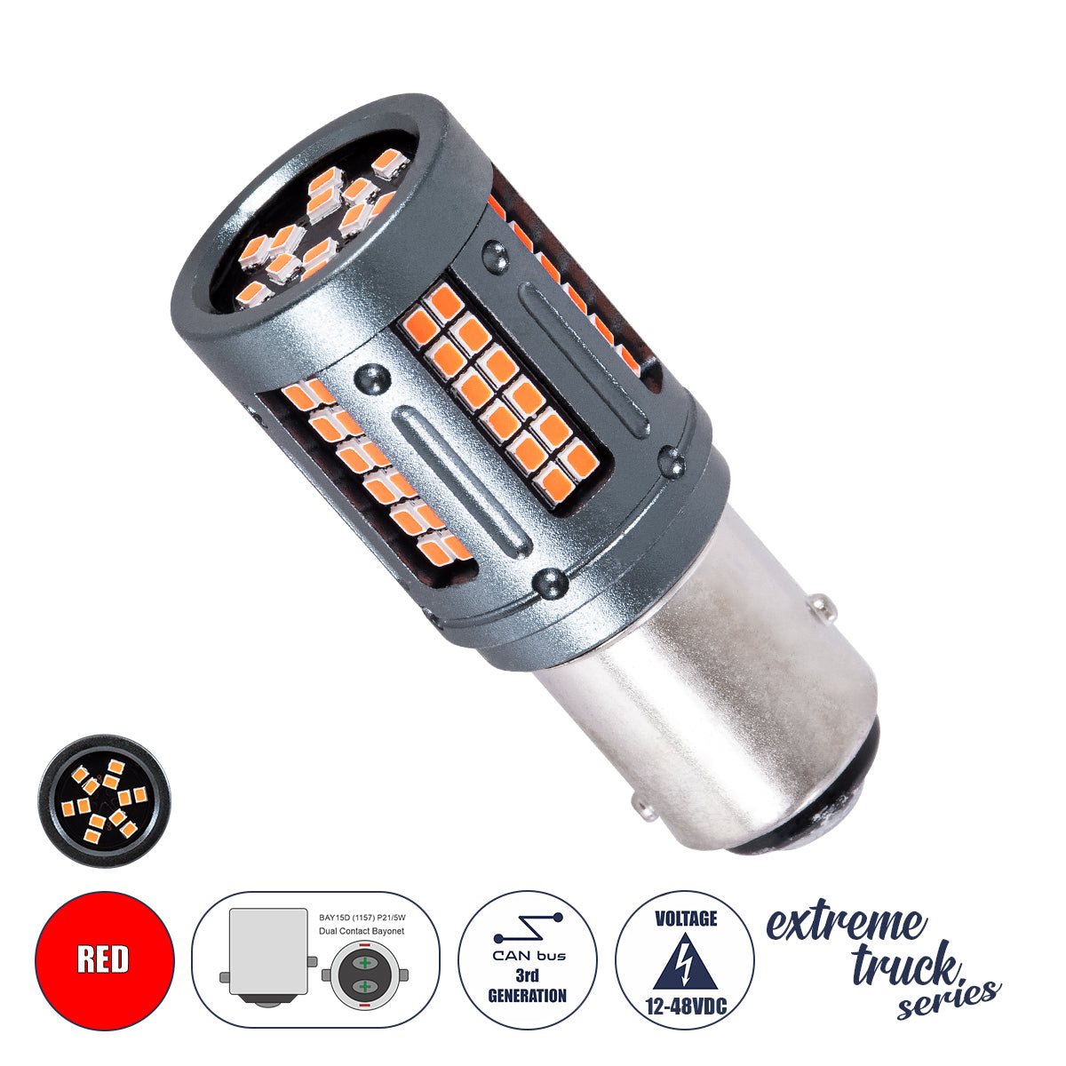 GloboStar® 81273 Λάμπα Αυτοκινήτου & Φορτηγού LED 1157 - BAY15D - P21/5W 3rd Generation Can-Bus Extreme Truck Series 84xSMD3030 9.6W 1152lm 360° DC 12-48V IP20 Φ2 x Υ5cm Κόκκινο - ledmania.gr