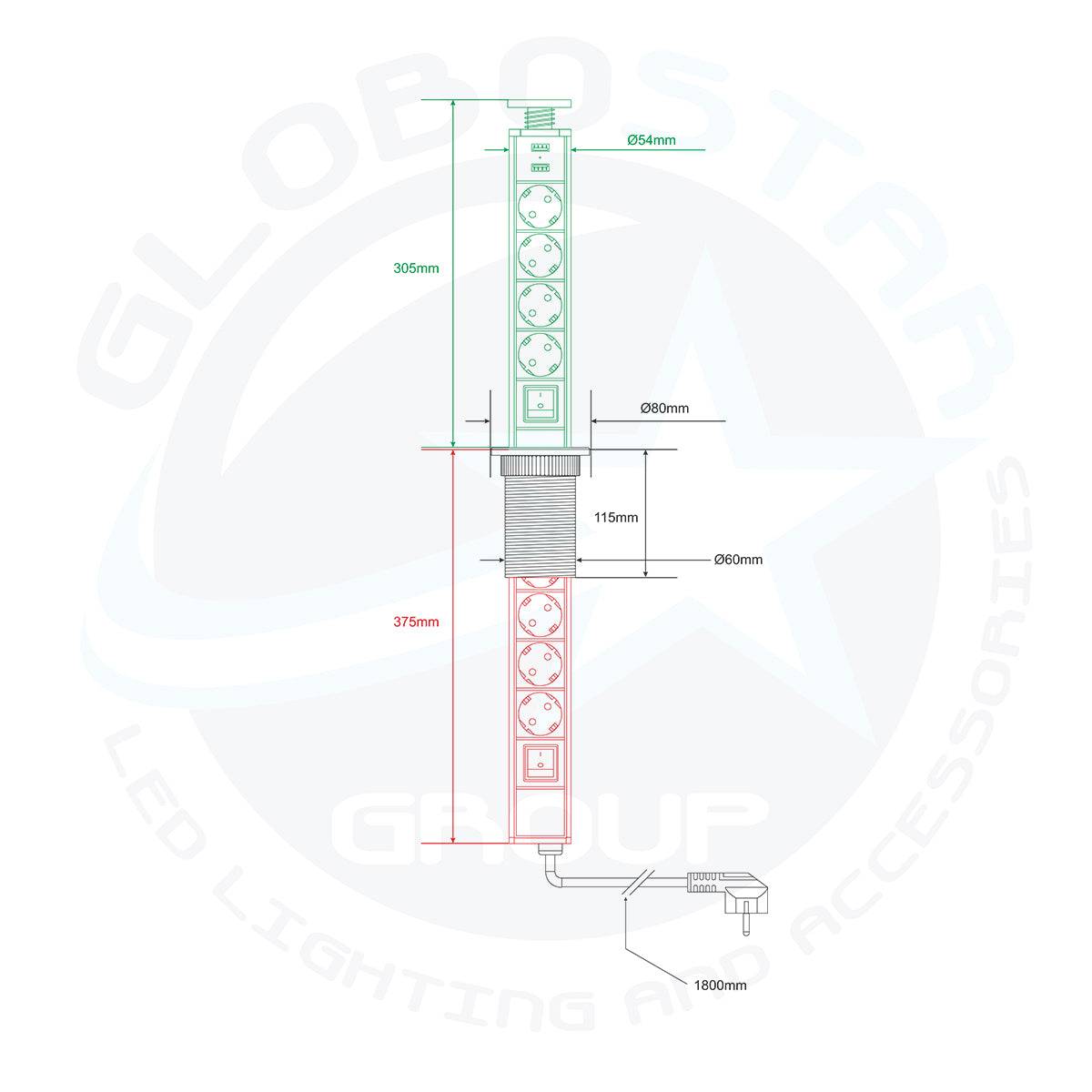 GloboStar® 79631 Χωνευτό Πτυσσόμενο Πολύμπριζο με 4 Πρίζες Ασφαλείας EU Σούκο AC 230V Max 4000W & 2 Εξόδους USB DC 5V Max 3A 18W & Ενσωματωμένο Διακόπτη Οn/Off - ledmania.gr