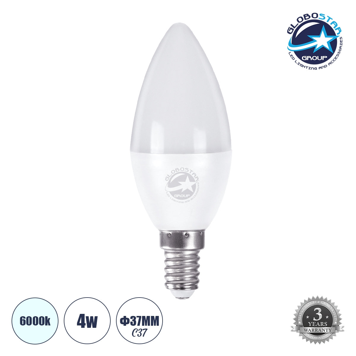 GloboStar® 60000 Λάμπα LED E14 C37 Κεράκι 4W 400lm 260° AC 220-240V IP20 Φ3.7 x Υ10cm Ψυχρό Λευκό 6000K - ledmania.gr