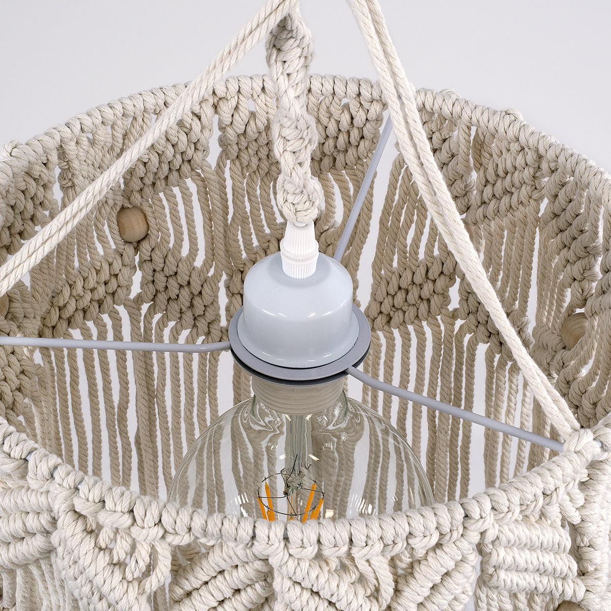 GloboStar® 36206 CONGO Καπέλο Φωτιστικού Boho - Μακραμέ Πλεκτό Χειροποίητο Μπεζ Υφασμάτινο με Σχοινί Φ30 x Υ80cm - ledmania.gr