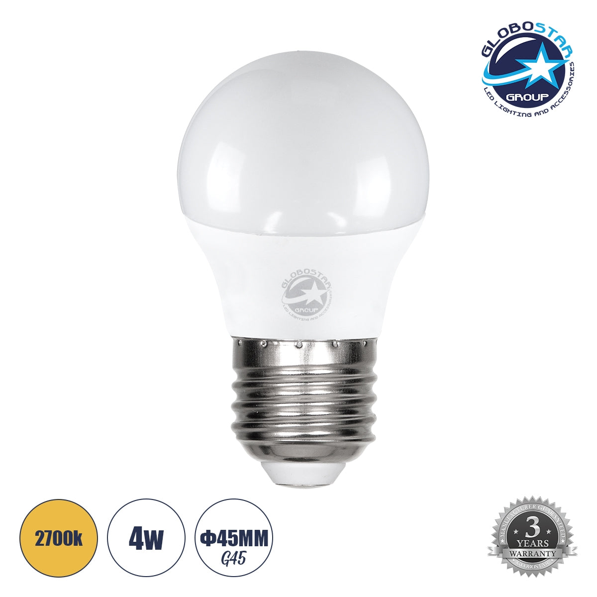 GloboStar® 60020 Λάμπα LED E27 G45 Γλομπάκι 4W 376lm 260° AC 220-240V IP20 Φ4.5 x Υ7.8cm Θερμό Λευκό 2700K - ledmania.gr