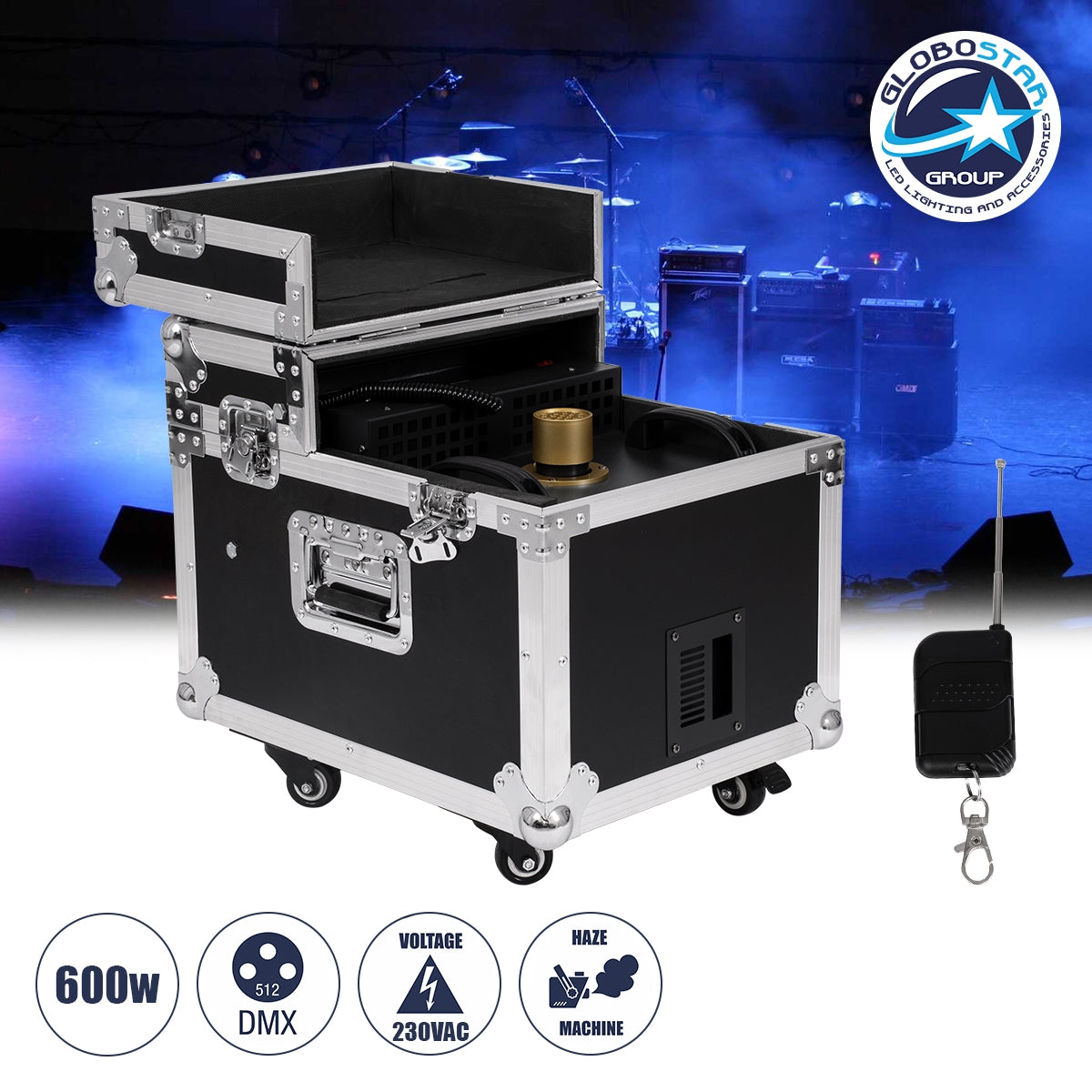 GloboStar® 51170 MERMAID Επαγγελματική Επιδαπέδια Μηχανή Double Haze Machine - Διπλού Εφέ Ομίχλης-Νέφωσης 600W AC 220V-240V DMX512 Display on Body & Ασύρματο Χειριστήριο σε Flight Case - Μαύρο - L49.5 x W38 x H45cm - ledmania.gr