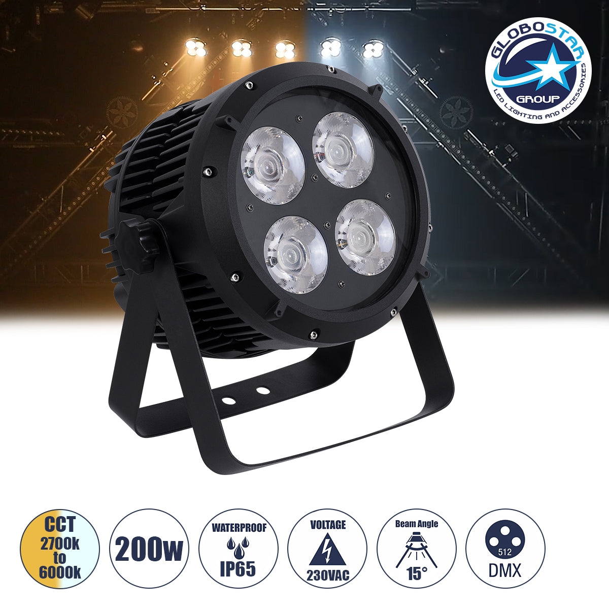 GloboStar® 51119 TYPHON Επαγγελματική Κεφαλή PAR DMX512 200W AC 230V - SPOT - 15° OSRAM LED Αδιάβροχη IP65 - CCT Θερμό Λευκό 2700K - Φυσικό Λευκό 4500K - Ψυχρό Λευκό 6000K - Μαύρο - L23.2 x W22 x H33cm - ledmania.gr