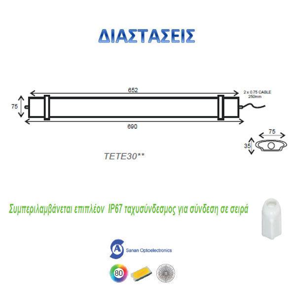 LED LUMINAIRE 30W 652mm 6000K 2760Lm IP66 230VAC PF>0.9Ra80 - ledmania.gr