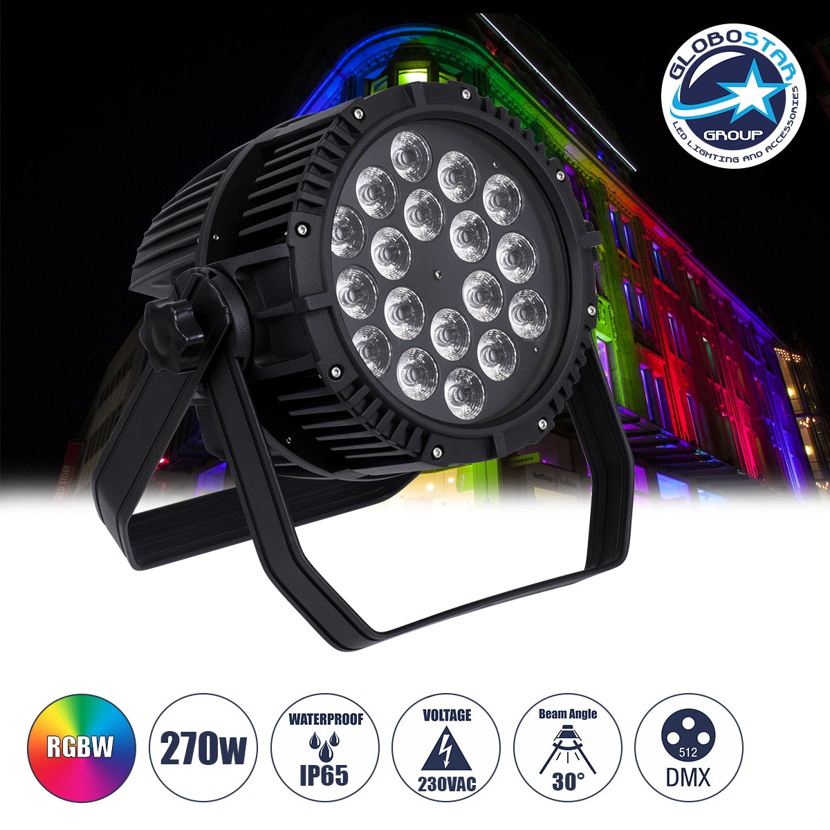GloboStar® 51130 CENTAUR Επαγγελματική Κεφαλή PAR DMX512 270W AC 230V 4in1 - SPOT 30° OSRAM LED Αδιάβροχη IP65 RGBW - Μαύρο - L22.6 x W22 x H32cm - ledmania.gr
