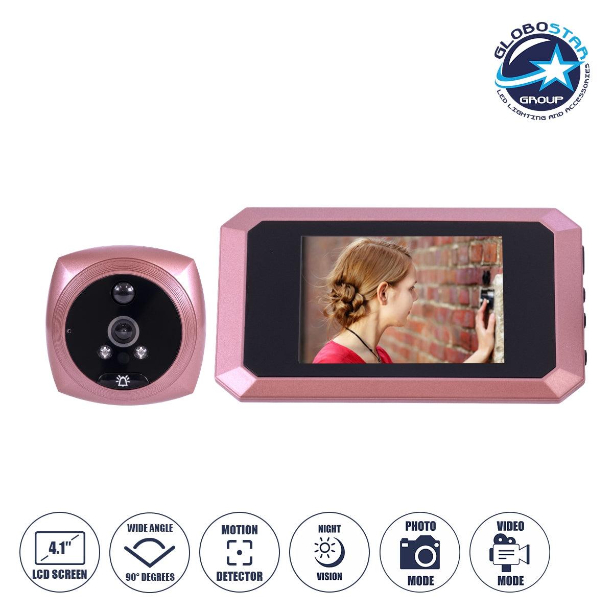 GloboStar® 86064 Επαναφορτιζόμενη Ψηφιακή Έξυπνη Camera Εξώπορτας 90° Μοιρών με Έγχρωμη Οθόνη 4.1" Inches - USB - Νυχτερινή Όραση με LED IR - Κουδούνι - Ροζ - ledmania.gr