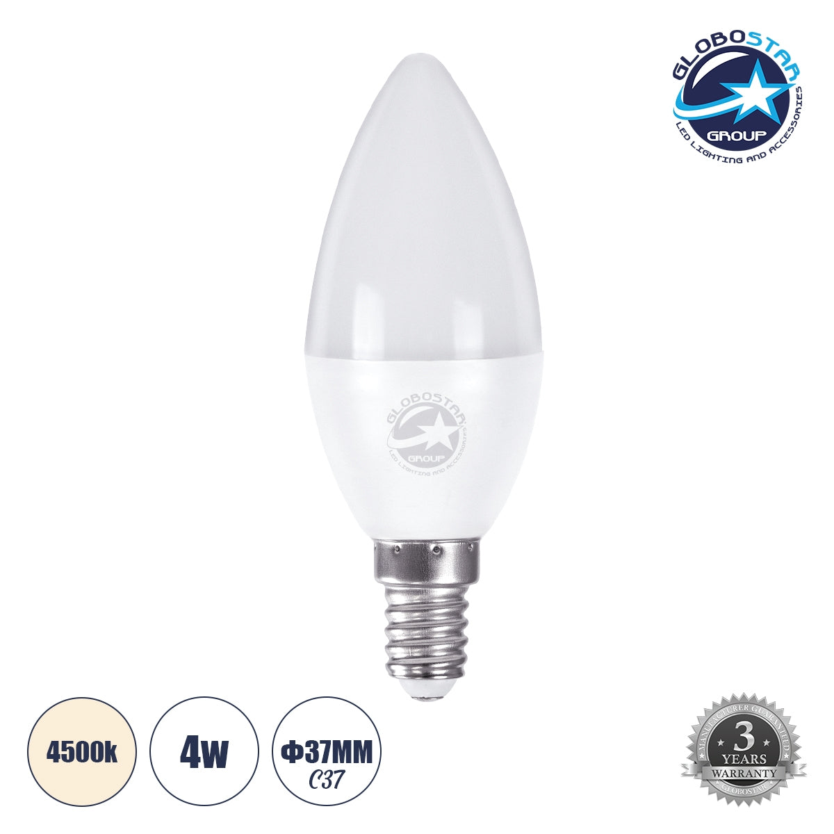 GloboStar® 60001 Λάμπα LED E14 C37 Κεράκι 4W 388lm 260° AC 220-240V IP20 Φ3.7 x Υ10cm Φυσικό Λευκό 4500K - ledmania.gr